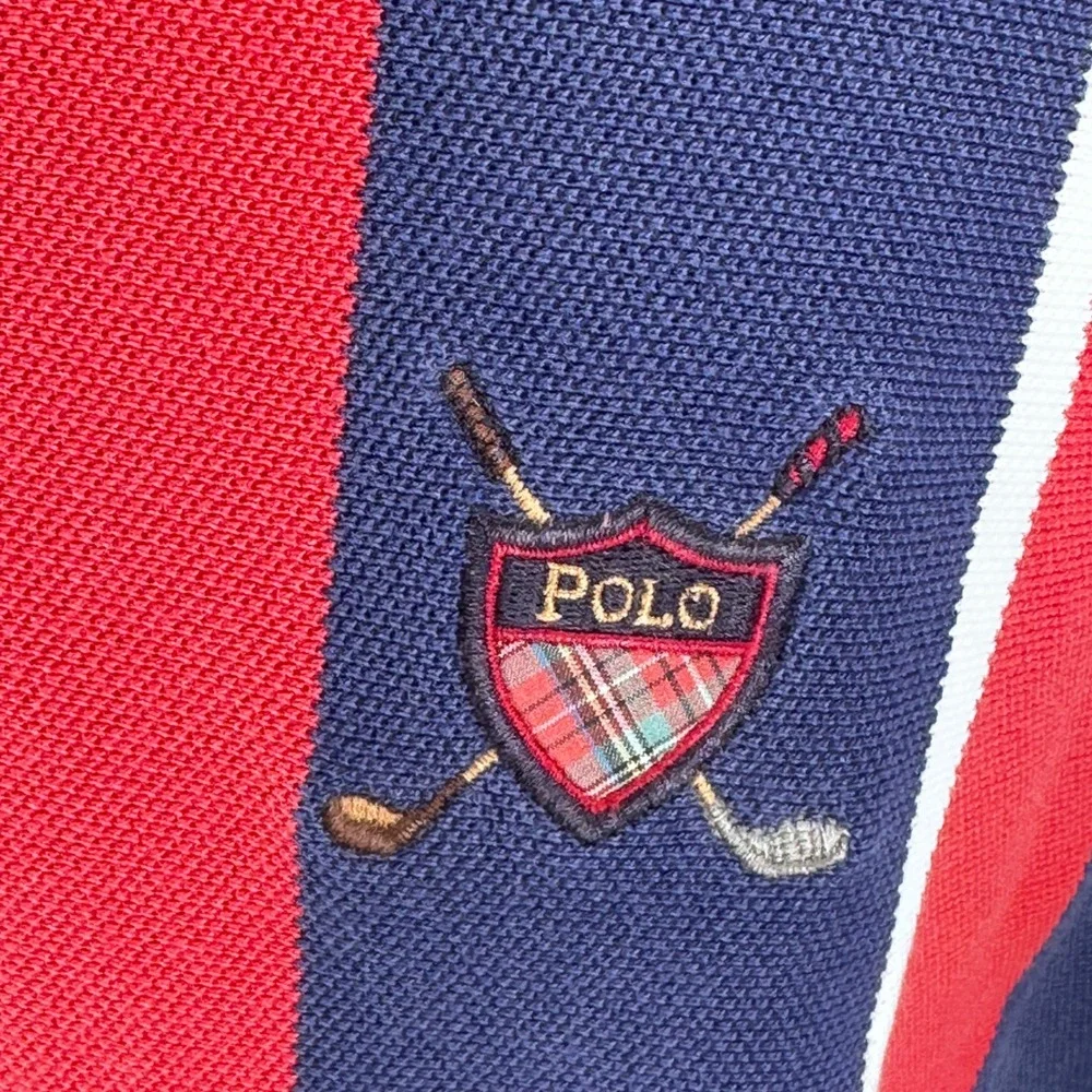 Vintage Polo Ralph Lauren Golf Crest Polo Shirt Men Medium Red Navy Blue Striped